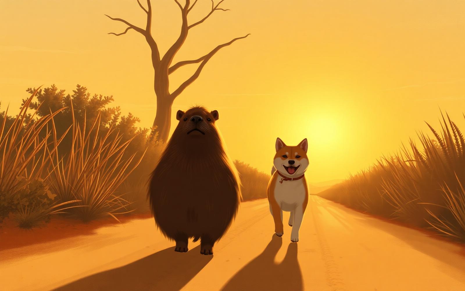 A capybara and a shiba inu walking a dirt road into the sunset